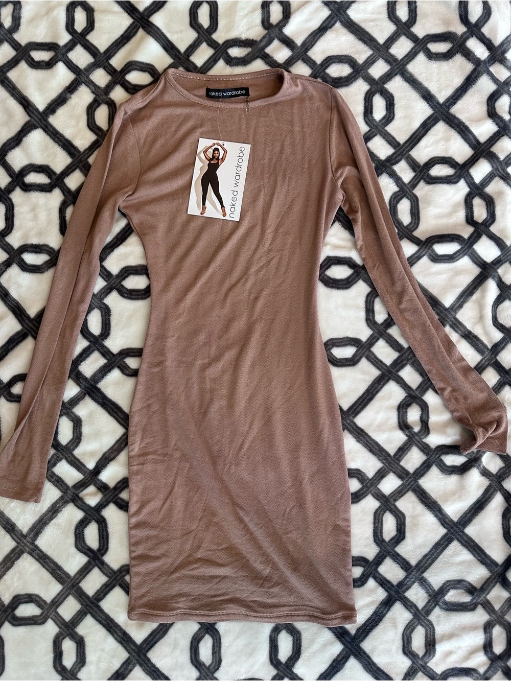naked wardrobe Long Sleeve Bodycon Dress in Taupe Brown